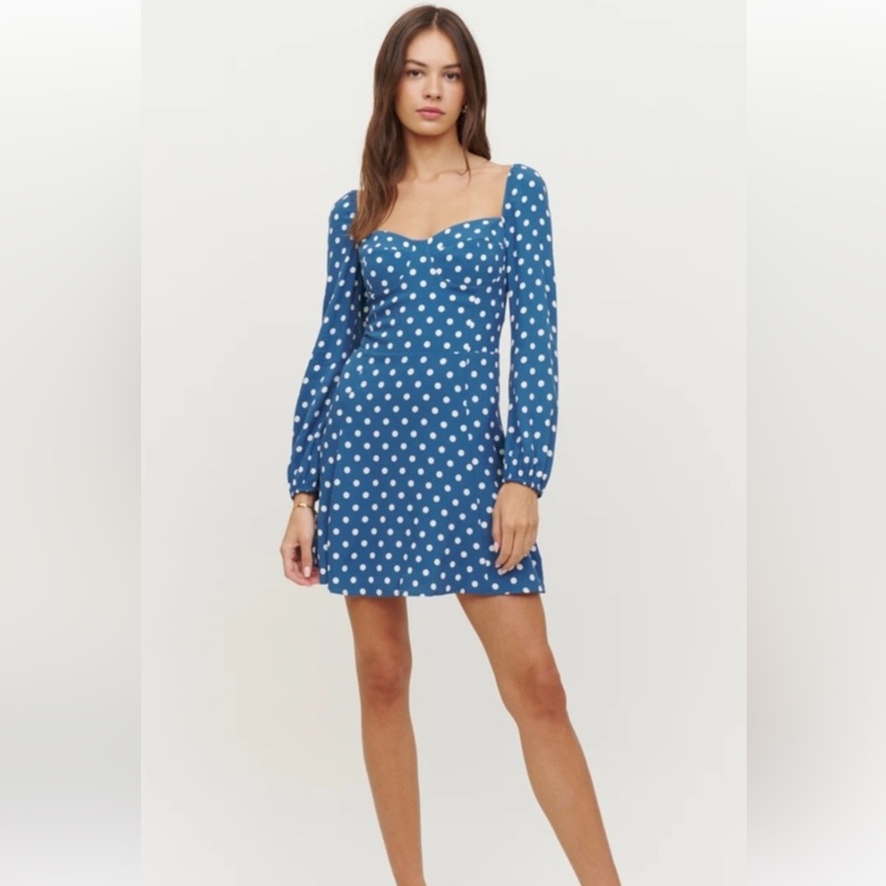 Reformation Light Blue Polka Dot Mochi Dress with Long Sleeves